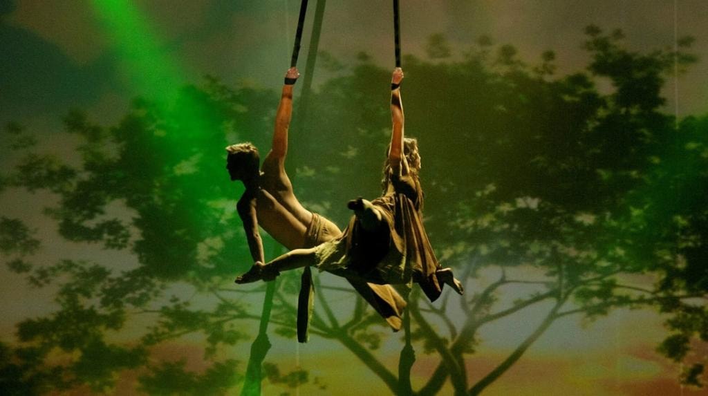 Aerial silk performers on stage with forest backdrop