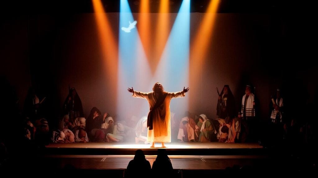 Theatrical stage production with dramatic lighting